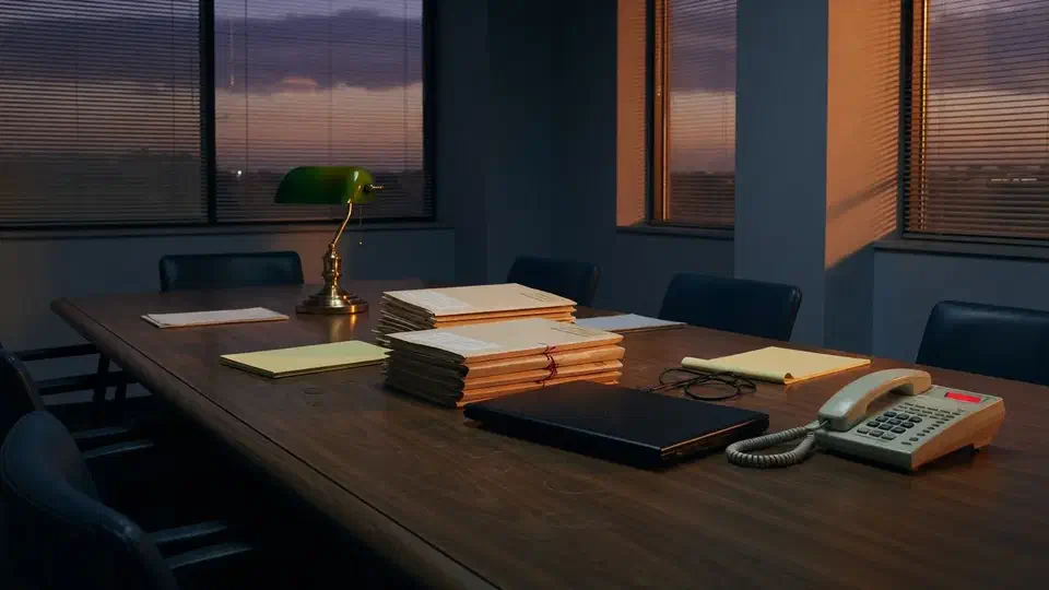 Law firm conference table at dusk with a landline phone, closed laptop, and stacked folders