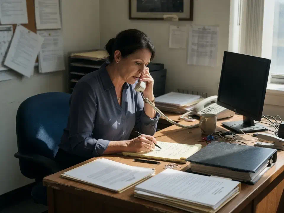 Office manager on a landline taking notes during an out-of-band call-back