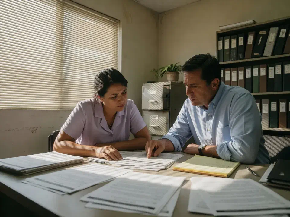 Office manager and attorney reviewing papers in a small law office