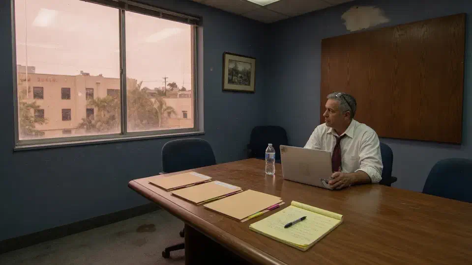 Attorney at a worn conference table with closed folders and a laptop, late afternoon Valley light