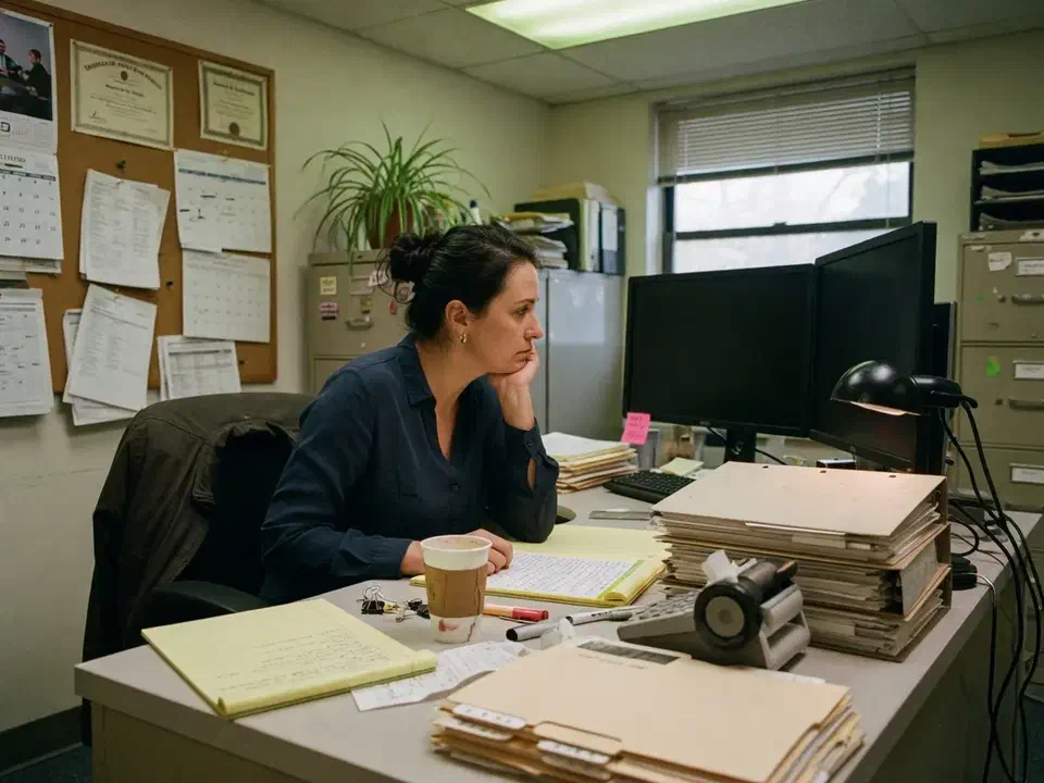 Associate at a cluttered desk with dark dual monitors