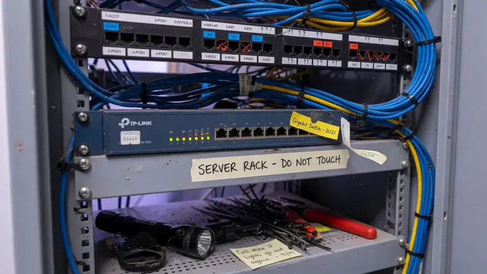 Small-business network closet with a labeled patch panel and a modest switch