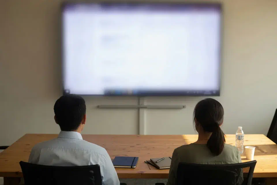 Leadership reviewing an out-of-focus findings presentation