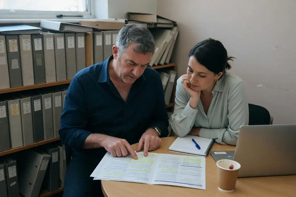 Two people reviewing a printed security packet in a quiet financial office