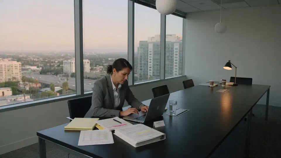 Advisor working alone in a high-floor conference room overlooking a Southern California city