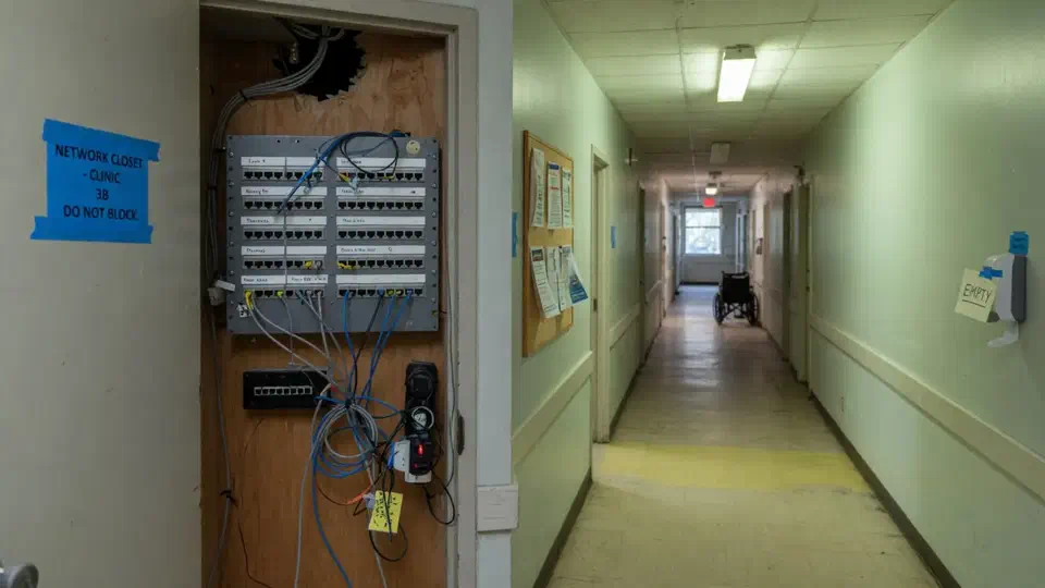 Open clinic network closet with a patch panel beside an empty hallway
