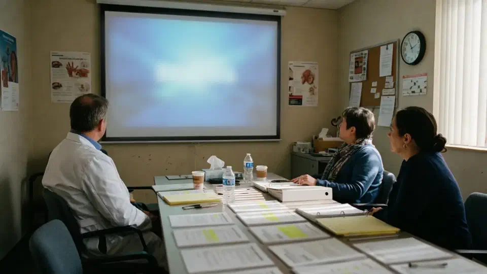 Clinic leadership reviewing a blurred findings presentation in a small conference room
