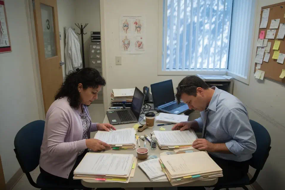 Two people in a medical back office reviewing printed packets with laptop screens turned away