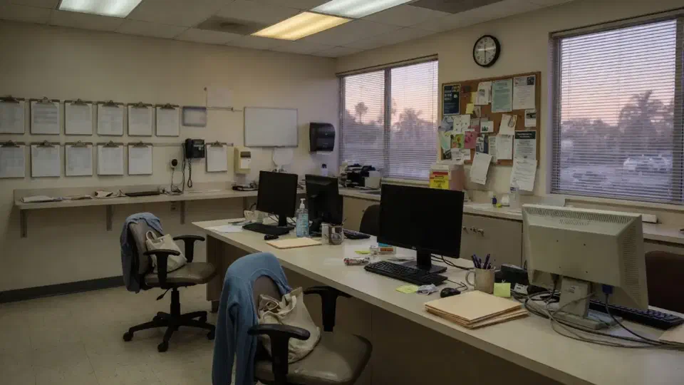 After-hours nurse station with dark monitors and empty chairs