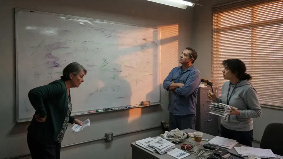 Three people in a small industrial office during a tabletop discussion