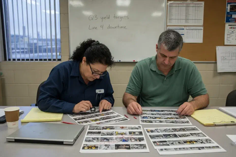 Two people in a manufacturing conference room reviewing printed contact sheets