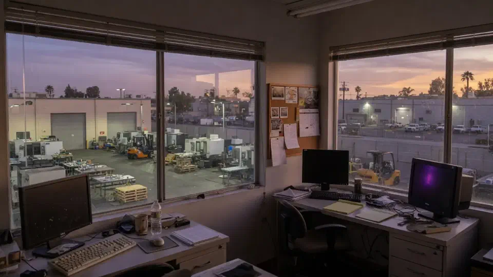 Manufacturing office overlooking a quiet shop floor through interior windows at dusk