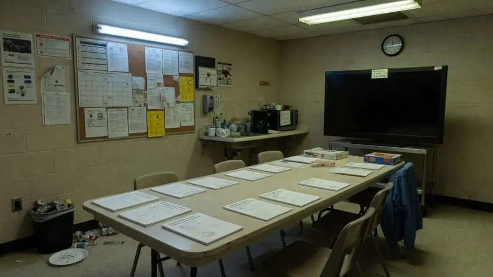 Empty manufacturing break room used as a meeting space after hours