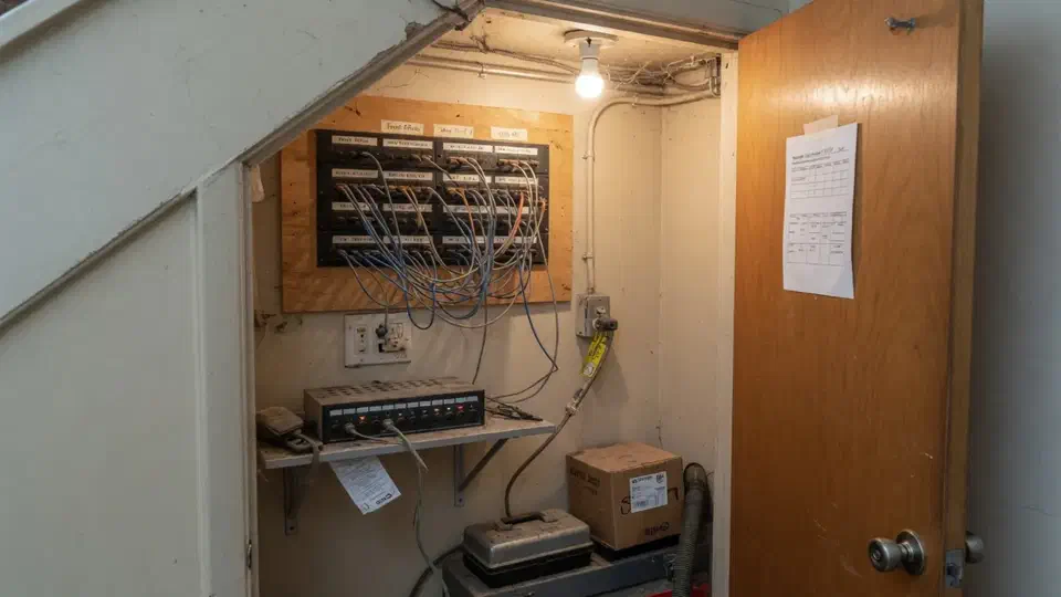 Small contractor office network closet with a modest switch