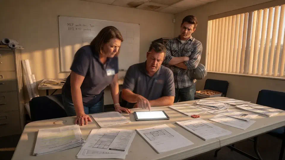 Three people in a contractor office looking at a tablet with an unreadable screen