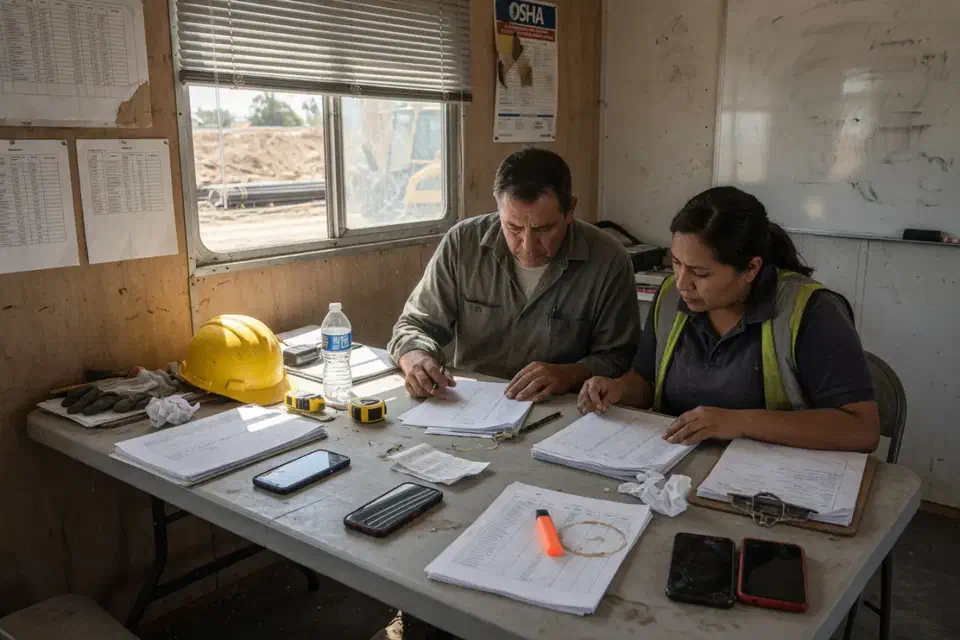 Two people in a jobsite trailer reviewing printed crew lists with phones face down