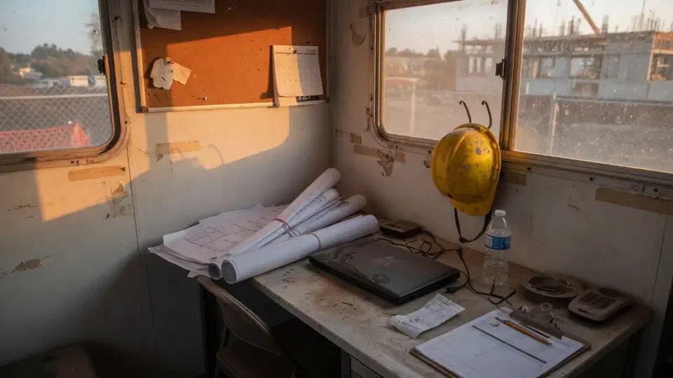 Dusty jobsite trailer desk with rolled plans, a closed laptop, and a hard hat in late sun