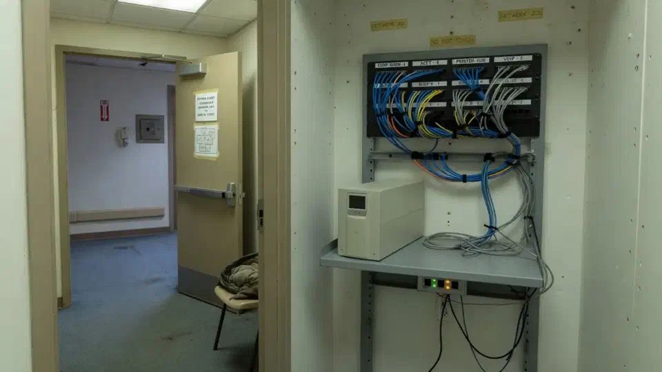 Small office network closet with a patch panel and a plain UPS