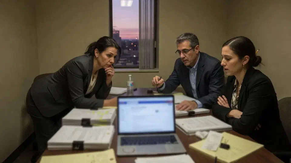 Three people in a law firm conference nook looking at an out-of-focus laptop