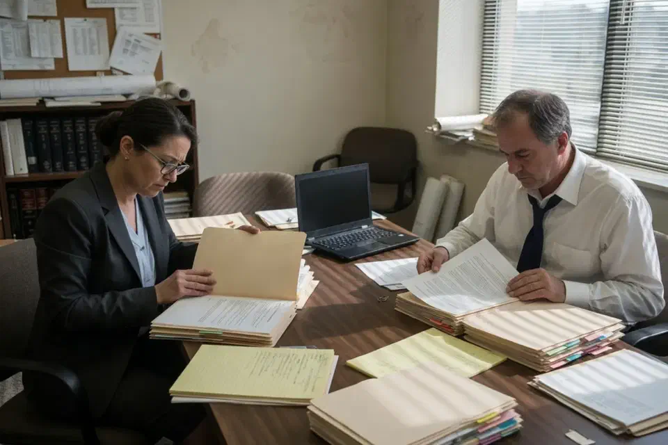Two people in a law office reviewing matter folders with a closed laptop on the table