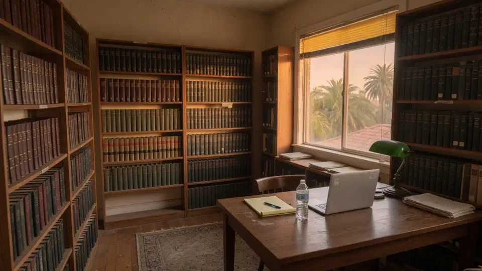 Law firm library annex with bound volumes and a closed laptop in late afternoon light