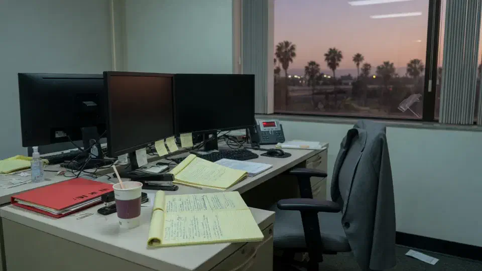 Empty associate desk after hours with dark monitors and a legal pad