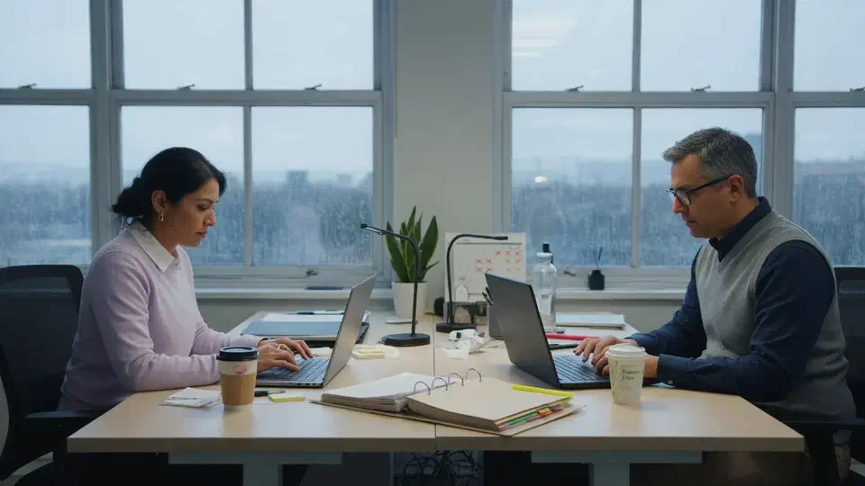 Two colleagues working at laptops beside tall office windows during a mailbox migration