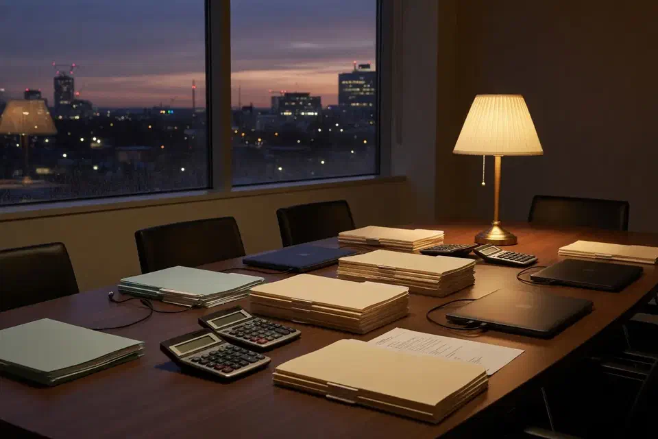 CPA conference table with closed laptops and unlabeled client folders