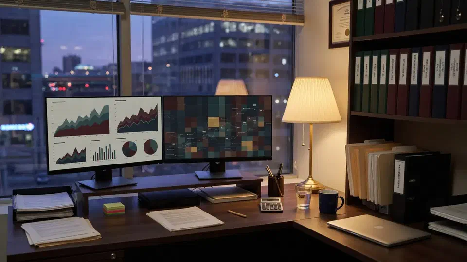 Accounting office desk with dual monitors and client files at dusk