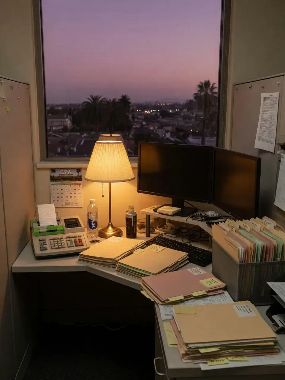CPA desk at dusk with client folders and dual monitors