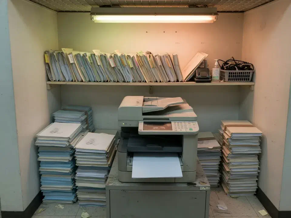 CPA firm printer alcove with stacked copy paper