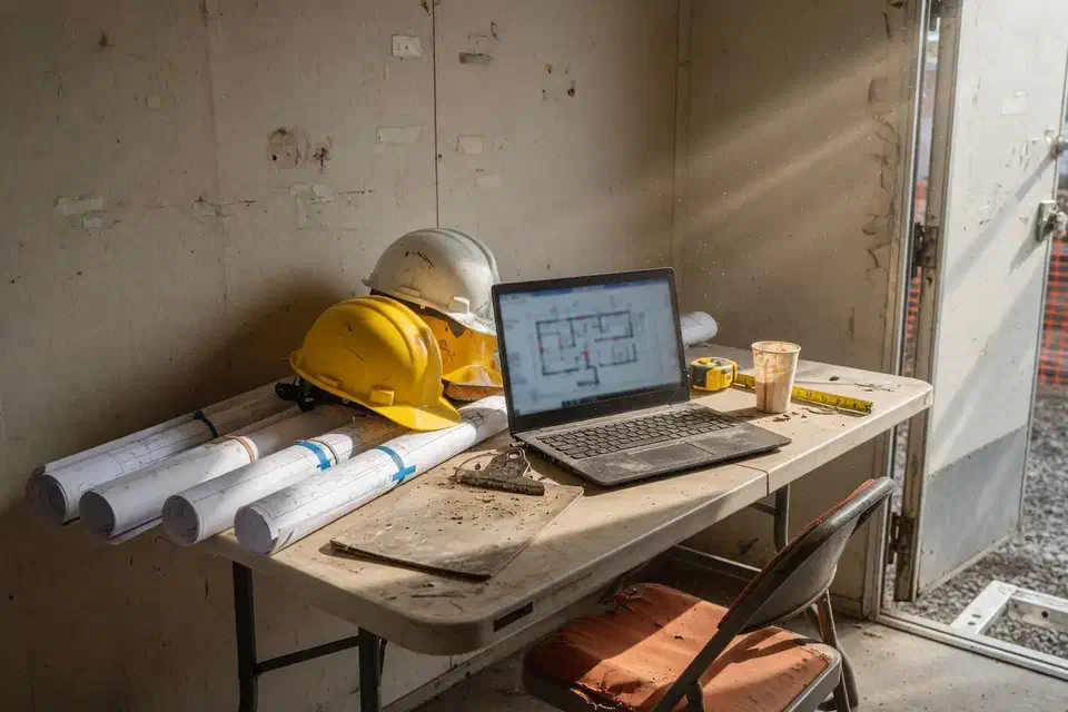 Construction project trailer interior with plans and a laptop