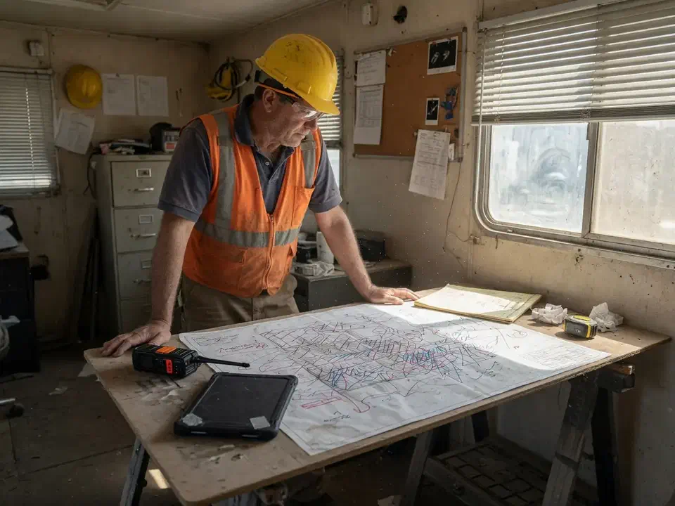 Construction superintendent desk in a jobsite trailer