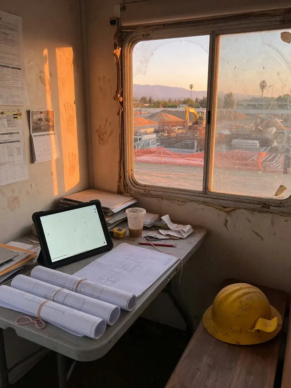 Jobsite trailer desk with a tablet, rolled plans, and a hard hat