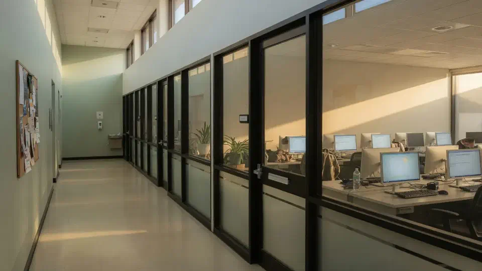 Quiet education campus administration hallway with glass offices and a computer lab