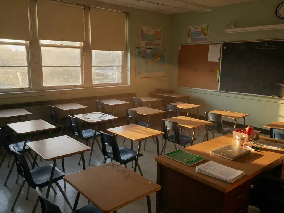Empty independent-school classroom after hours