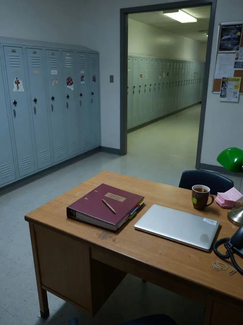 School administration desk beside a locker hallway after hours