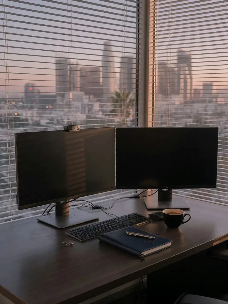 Wealth advisor desk with dual monitors and a Los Angeles skyline