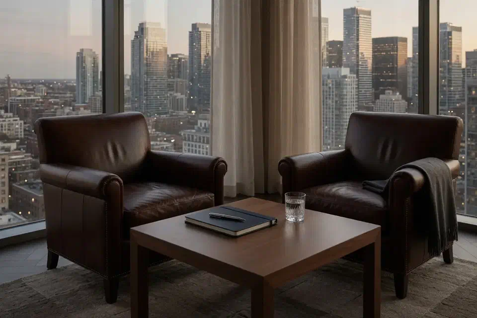 Quiet financial advisor meeting nook with a city skyline