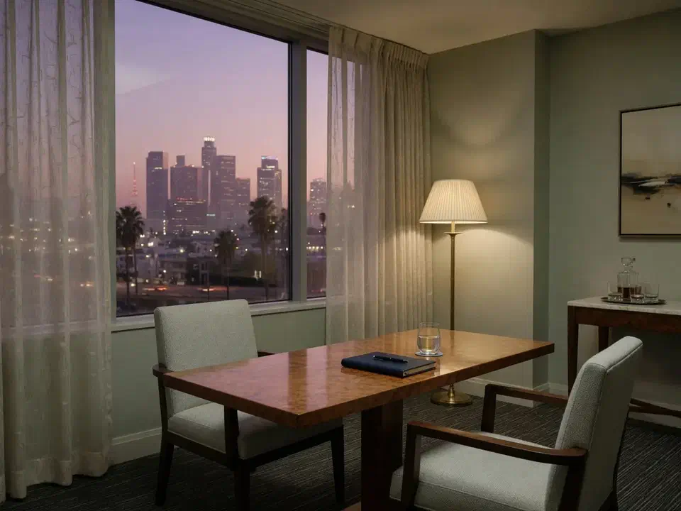 Quiet wealth-management meeting room overlooking Los Angeles
