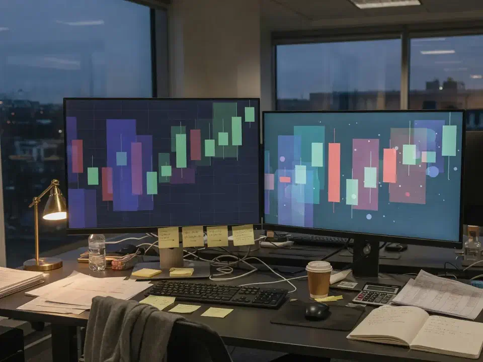 Financial operations desk with dual monitors