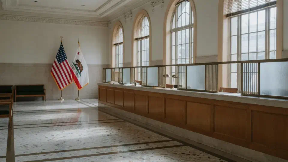 California civic building interior with service counters and state and U.S. flags