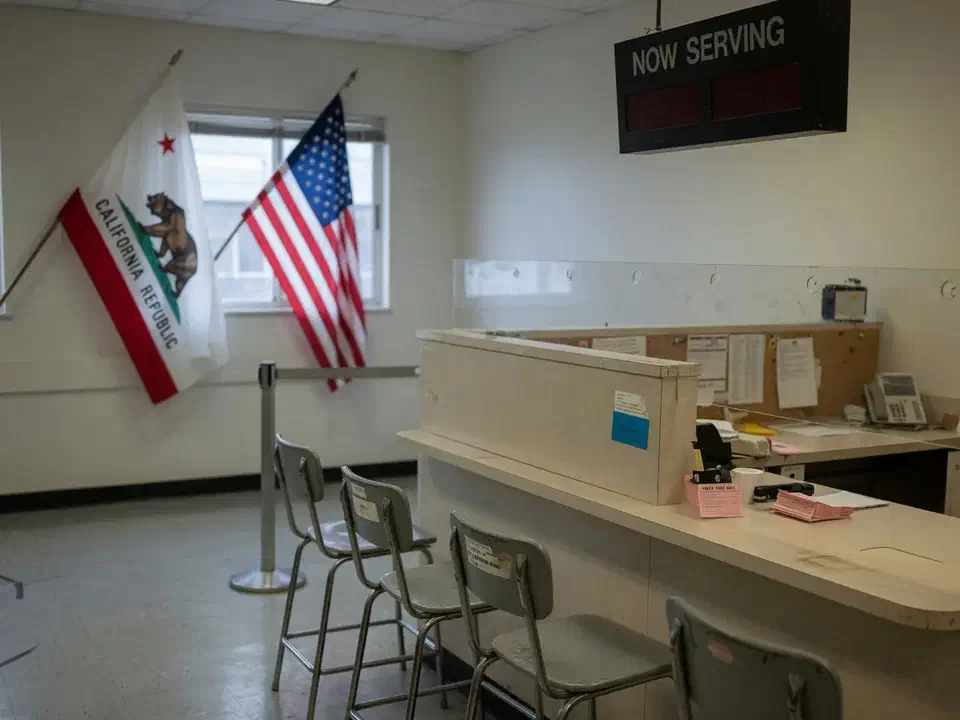 Civic public counter with California and U.S. flags