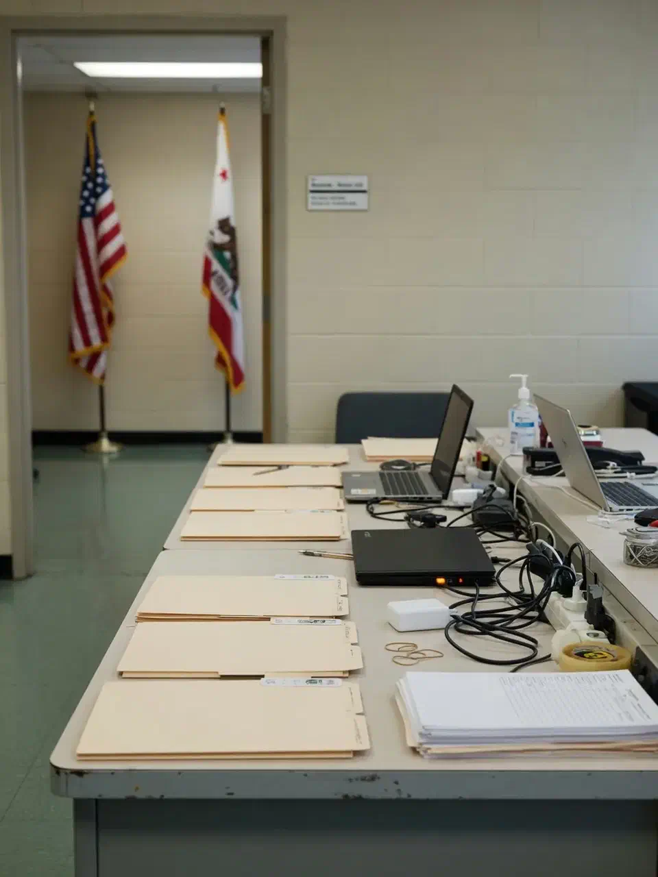 Civic records bench with charging laptops and California flags