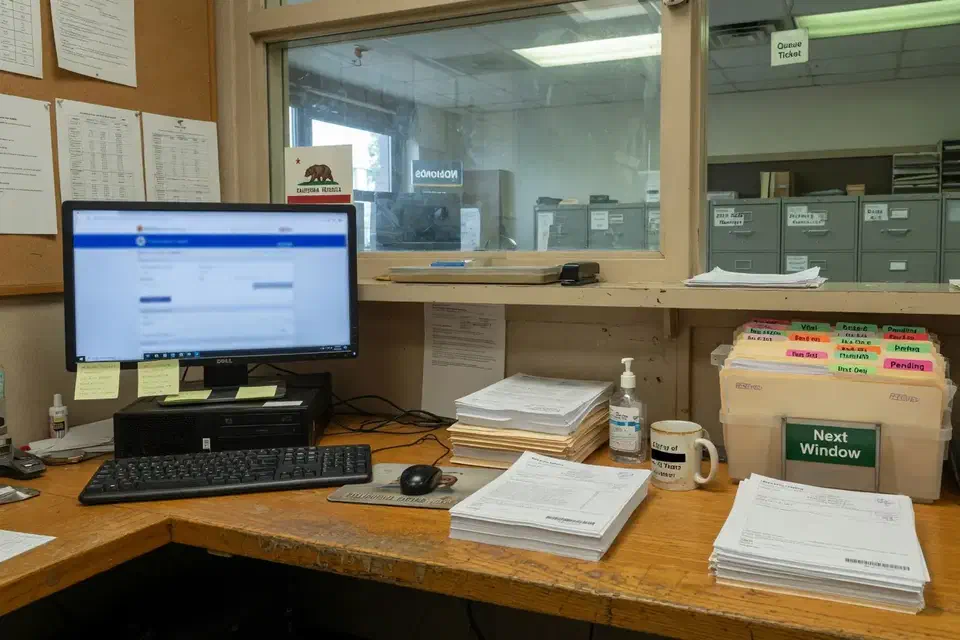 Staff-side government records counter in a California civic office
