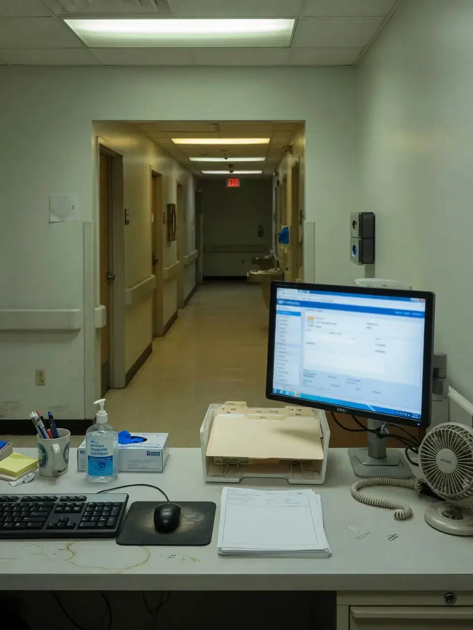 Clinic charting station looking down an empty medical hallway