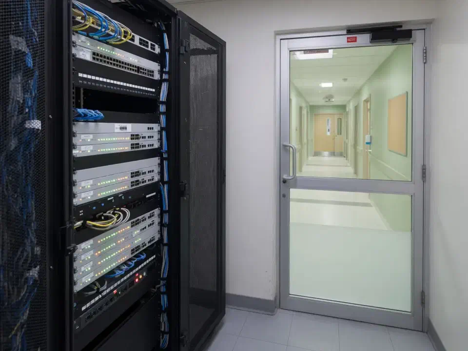 Clinic network closet beside a healthcare hallway