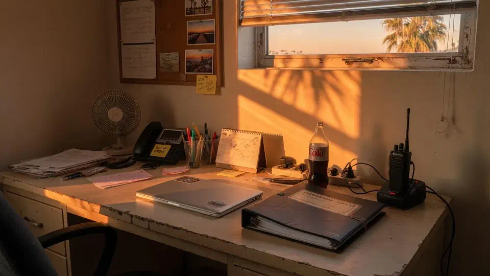 Hospitality back-office desk with a closed laptop and radio charger
