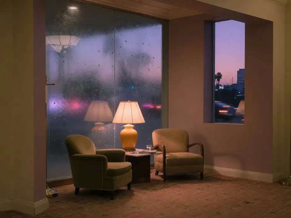 Hotel lobby seating nook at dusk in Los Angeles