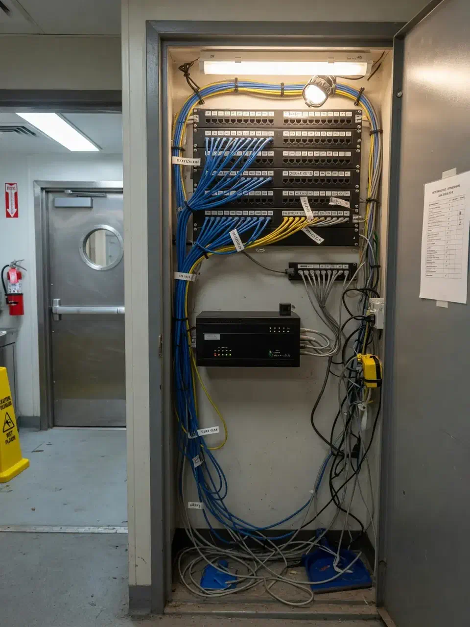 Hospitality network closet beside a stainless kitchen hallway